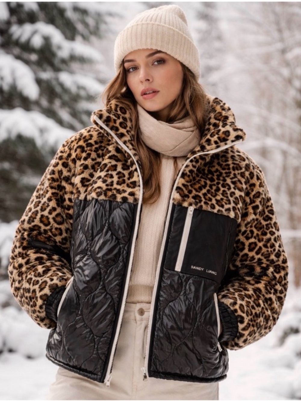 Sandy Liang Leopard Faux-Fur and Black Quilted Puffer Jacket